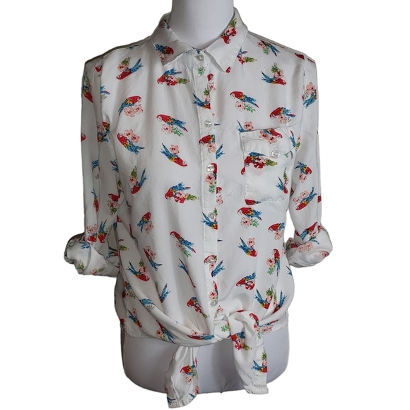 Love Notes Tops - White Parrot Print Blouse Sz L Tie Front Roll-Tab Sleeves Light Novelty *STAIN*